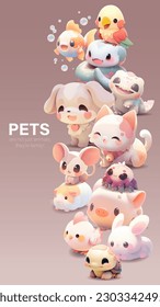 Group of a cute little animals with a kind smiling face and big eyes. Vector pet illustration drawn in a cartoon 3d mesh style isolated on a gradient background