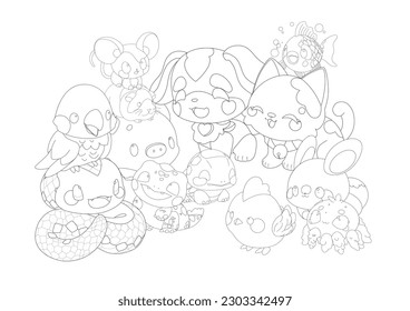 Group of a cute little animals with a kind smiling face and big eyes. Vector pet illustration drawn in a simple graphic outline style isolated on a white background. Coloring book page design