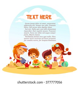 Group of cute little boys and girls playing with sand on summer beach. Vector illustration. Banner concept with place for your textÂ 