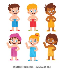 Group of Cute little kids dry body with towel after bath. Children after taking a bath. Active healthy childhood, Diversity Kindergarten. vector illustration