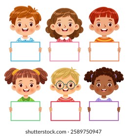 Group of cute little kids is happy holding colorful blank signs. The multi-ethnic child has a unique hairstyle and vibrant clothing. Vector illustration