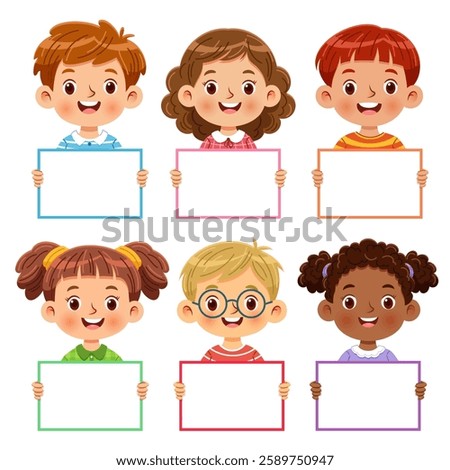 Group of cute little kids is happy holding colorful blank signs. The multi-ethnic child has a unique hairstyle and vibrant clothing. Vector illustration