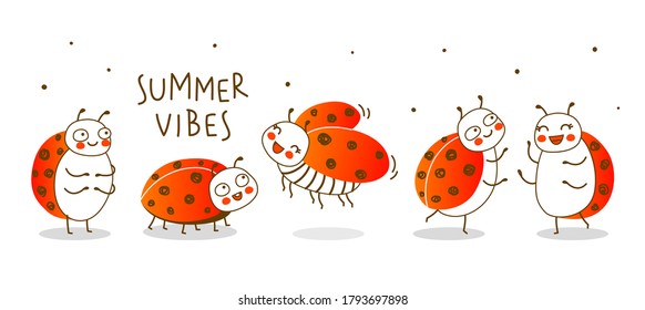 Group of cute little ladybugs isolated on white background - cartoon border for funny design