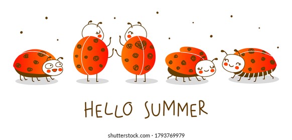 Group of cute little ladybugs isolated on white background - cartoon border for funny design