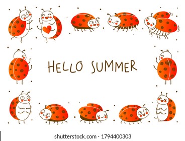 Group of cute little ladybugs isolated on white background - cartoon horizontal frame for funny design
