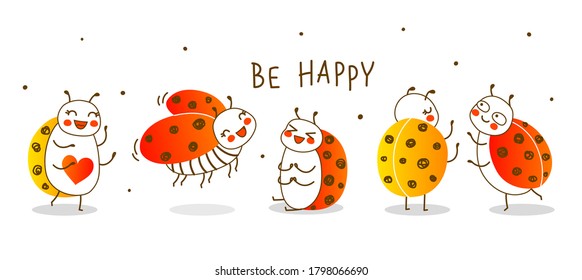 Group of cute little ladybugs isolated on white background - cartoon border for funny design