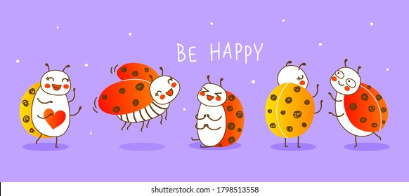 Group of cute little ladybugs on purple background - cartoon border for funny design