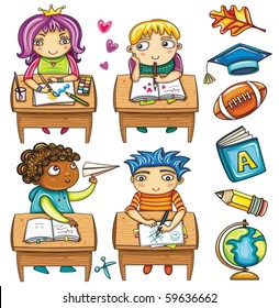 Group of cute, little schoolchildren, sitting at the desks and colorful icons