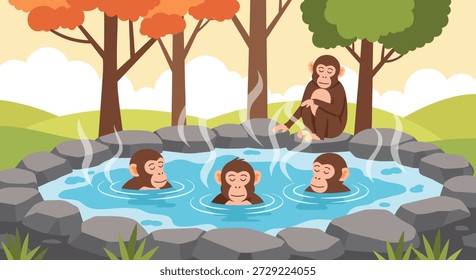 Grupo de monos lindos se relaja en una fuente termal natural rodeado de coloridos árboles de otoño y montañas nevadas.