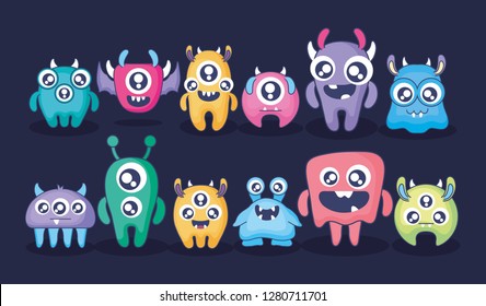 group of cute monsters card