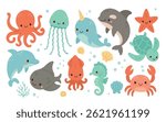 Group of cute ocean animals including dolphin, squid, crab, and narwhal, designed for colorful marine wildlife collections and playful aquatic scenes.