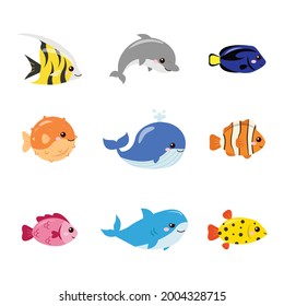 Group of cute ocean fish. Underwater animals. Flat vector cartoon design