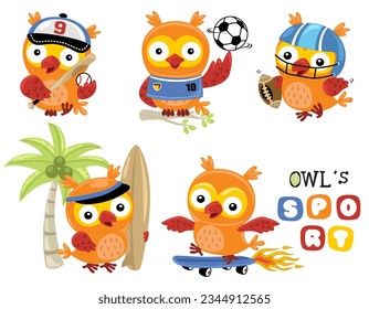 Group of cute owl cartoon in different sports activity