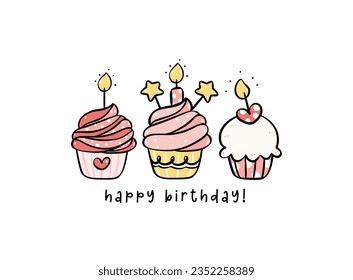 Group of Cute Pink Birthday Cakes with candles minimal Doodle, Celebrate party with cute cake illustration hand drawing perfect for greeting cards.