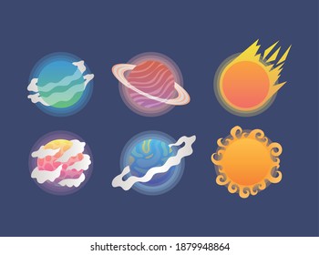 group of cute planets over a dark purple background vector illustration design