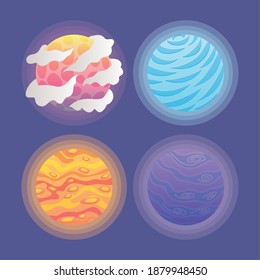 group of cute planets over a purple background vector illustration design