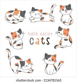 group of cute playful calico kitty cat drawing illustration, tricolor cats vector