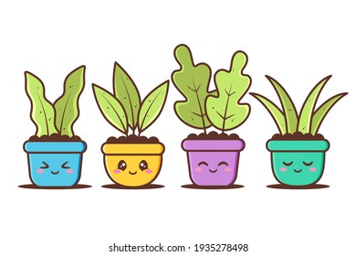 group of cute pot of plant with various different expression