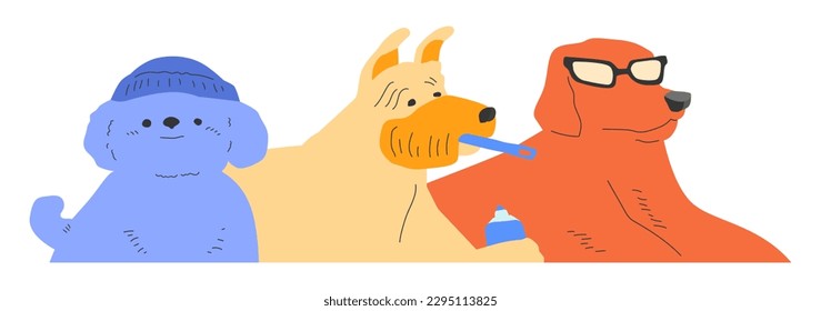 group of cute puppies set. dog wearing a hat, wearing sunglasses, brushing teeth. funny cartoon puppy. illustration in modern style.