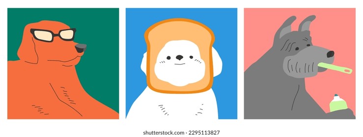 group of cute puppies set. dog wearing a hat, wearing sunglasses, brushing teeth. funny cartoon puppy. illustration in modern style.