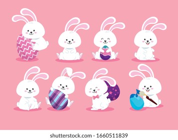 grupo de conejos y huevos adorables diseño de ilustraciones vectoriales de Pascua