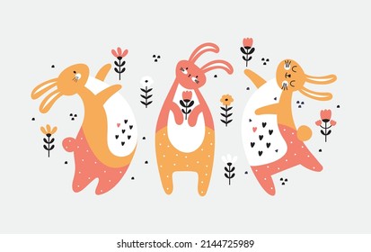 Group of cute rabbits in flower meadow. Character of funny hare. Horizontal banner. Concept of happy Easter, spring and summer holiday. Hand drawn vector childish illustration in Scandinavian style