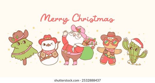 grupo de Navidades retro lindas Vaquero con Santa, cactus, árbol, muñeco de nieve y hombre de jengibre dibujado a mano Anuncio de colección de doodle de dibujos animados