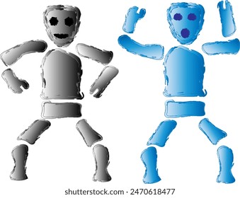 A group of cute robots doing gymnastics. Blue and gray robots are warming up on a vector illustration highlighted on a transparent background. Vector illustration