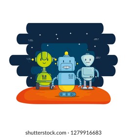 group of cute robots with universe background