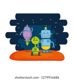 group of cute robots with universe background