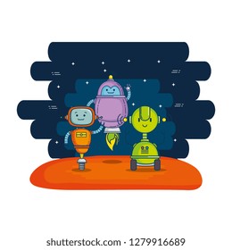 group of cute robots with universe background