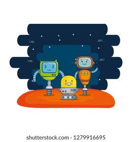 group of cute robots with universe background