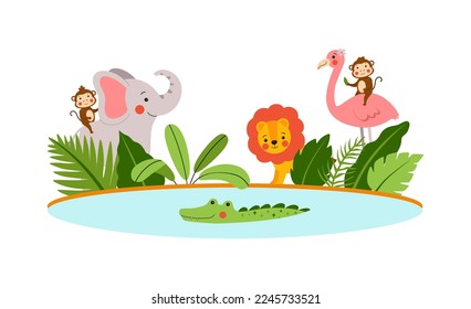 A group cute safari animals the banks tropical river  Funny baby monkeys  elephant  lion   flamingos drawn in cartoon style  Vector template for kids greeting cards  invitations  posters