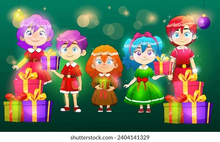 Group of Cute small kid Characters with Gift boxes wishing Merry Christmas Vector, easy to edit can be used for social media Posters, Banner