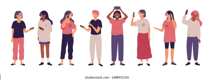 Group of cute smiling girls with gadgets in different situations. Young women holding cellphones. Flat cartoon characters isolated on white background. Vector cartoon illustration in a flat style.