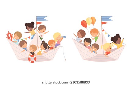 Group of Cute Smiling Kid Sailing on Paper Boat with Flag and Balloons Vector Set