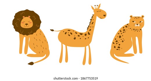 group of cute smiling simple animals safari lion cheetah giraffe vector illustration