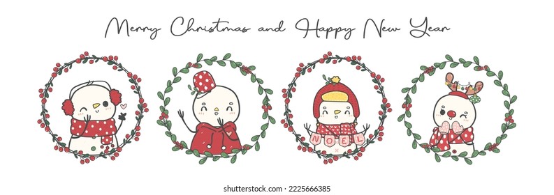 group of cute snowman in Christmas mistletoe wreath  cartoon doodle hand drawn vector banner