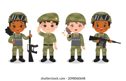 Group of cute soldier officer in camouflage uniform. Flat vector cartoon design