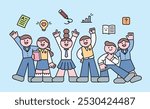 A group of cute students in their school uniforms are gathered together and striking exciting poses. outline simple vector illustration.