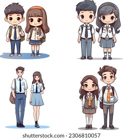 Group cute teenager man   woman cartoon hand draw in student uniform