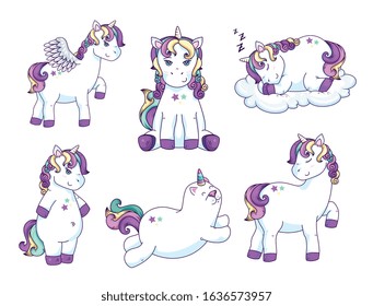 group of cute unicorns fantasy icons vector illustration design