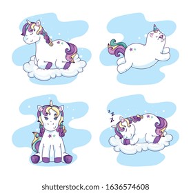 group of cute unicorns fantasy icons vector illustration design