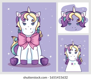 group of cute unicorns fantasy vector illustration design