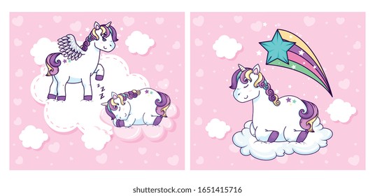 group of cute unicorns fantasy vector illustration design