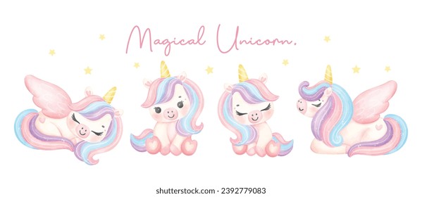 group of Cute unicorns watercolor banner, dreamy nursery Art illustration. Magical Unicorn.