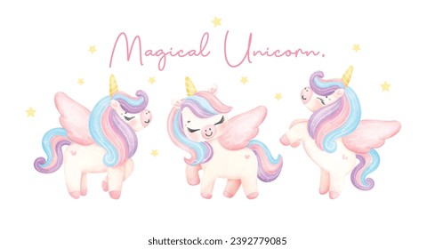 group of Cute unicorns watercolor banner, dreamy nursery Art illustration. Magical Unicorn.