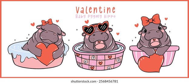 Group of Cute Valentine Baby Pygmy Hippo in bathtub Hand Drawn Cartoon Character 