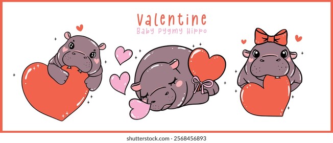 Group of Cute Valentine Baby Pygmy Hippo Hand Drawn Cartoon Character 