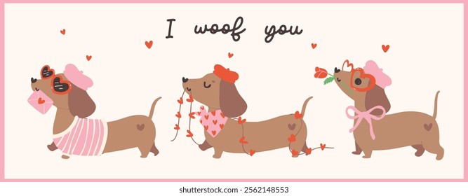 Group of Cute Valentine Dachshund Dog delivery love Retro Cartoon Illustration Banner Greeting Card Printable